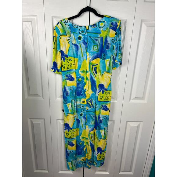 80s WNY Blue Yellow Colorful Short Sleeve Batik Print Dress Size 4/6 Small Rayon - Picture 7 of 7